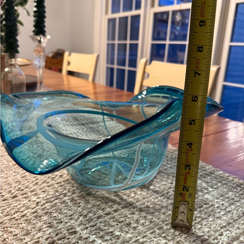 Handblown Aqua Blue Sombrero Freeform Abstract Art Glass Decorative Bowl - Picture 12 of 13
